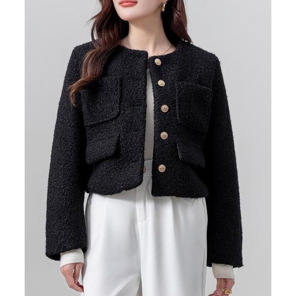 ジャケット ノーカラージャケット 「クロップド丈」金釦に熱視線。長袖ツイード風ノーカラーボアジャケッ...