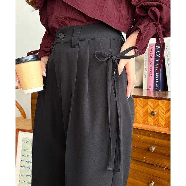 スラックス パンツ カットジョーゼットサイドリボンツータックスラックスパンツ レディース