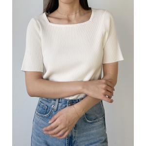 ニット セーター スクエアネック半袖リブニット レディース