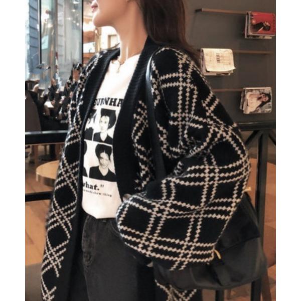 カーディガン オーバーサイズ バイアスチェックカーディガン レディース