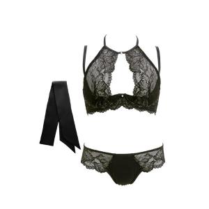 ショーツ ブラジャー ショーツ アイマスク 3点セット ノンパテッド Tバック 総レース eXsta mariage