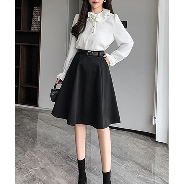 スカート ひざ丈タックフレアスカート