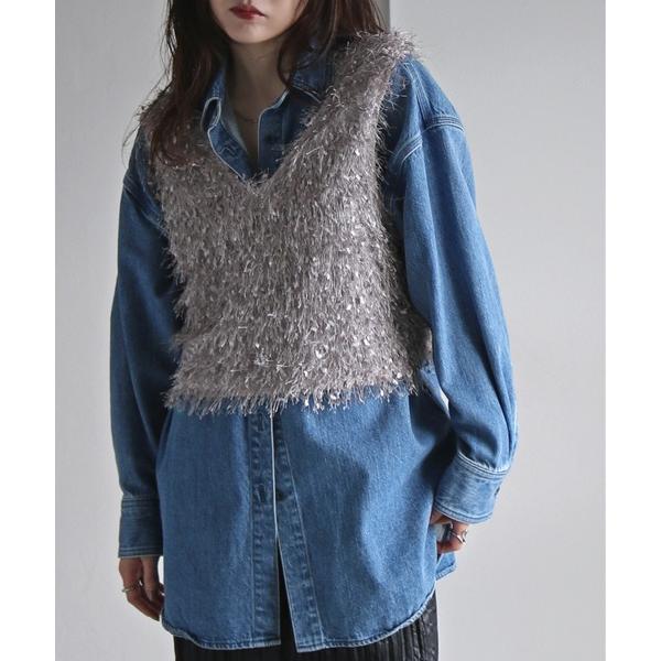 ベスト ジレ リボンヤーン前後２ＷＡＹショートビスチェ レディース