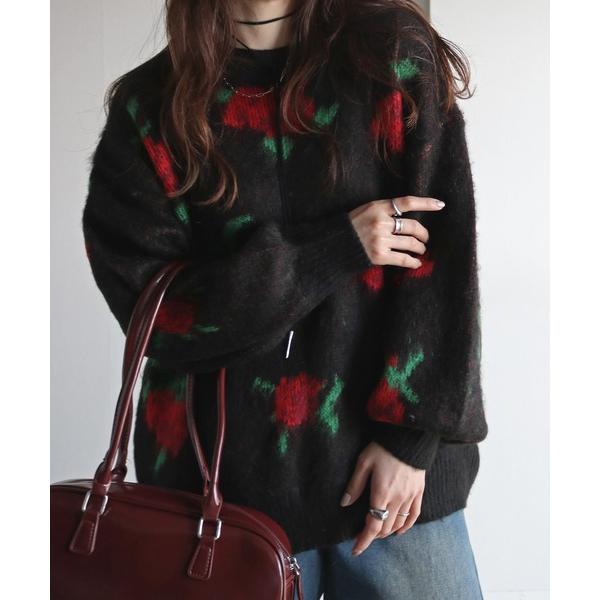 ニット セーター フラワージャガードルーズニット レディース