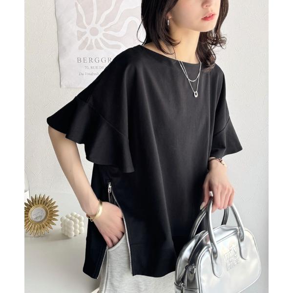 tシャツ さらり滑らかな肌ごこち。綿混シルケット素材サイドファスナー使い袖フリルフレンチスリーブトッ...