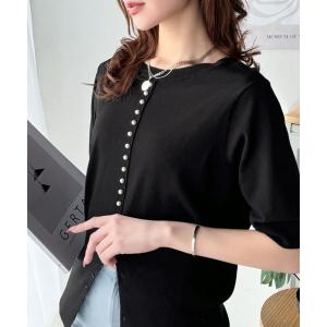 tシャツ 半袖 華やかで洗練されたスタイルを演出。前後2wayパール多ボタン半袖ニットプルオーバー（半袖） レディース