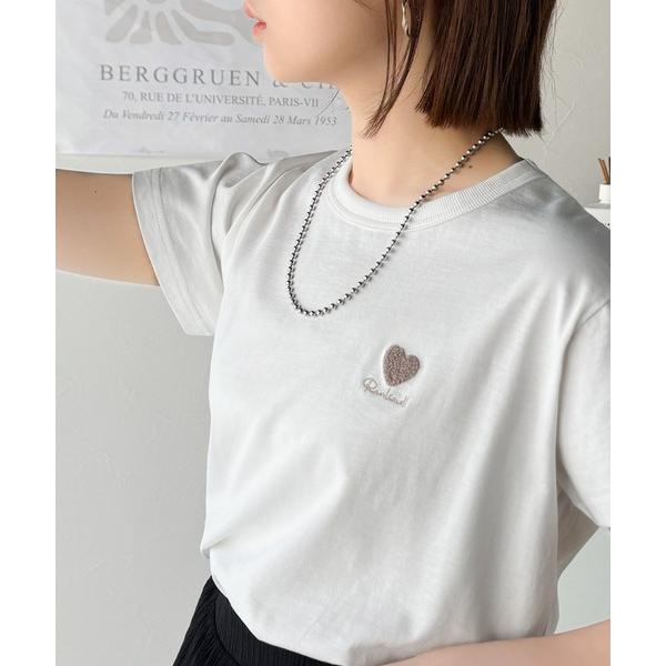 tシャツ トレンドをまとう。綿100％シルケット風ハート胸サガラ刺繍Tシャツ（半袖） レディース