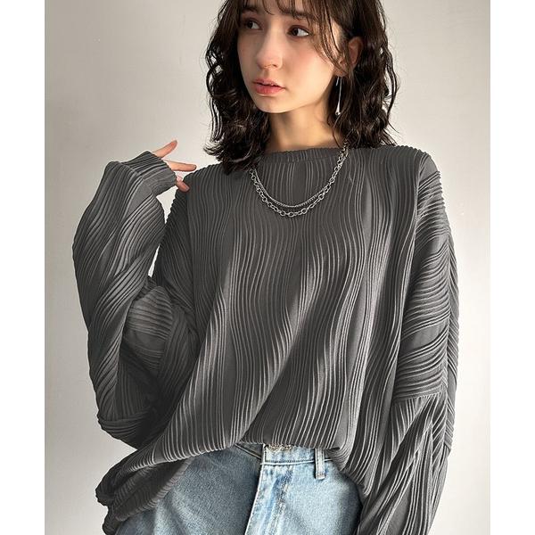 tシャツ ゆるさとスタイリッシュを両立。オーバーサイズウェーブ柄ジャガード長袖Ｔシャツ メンズ レデ...