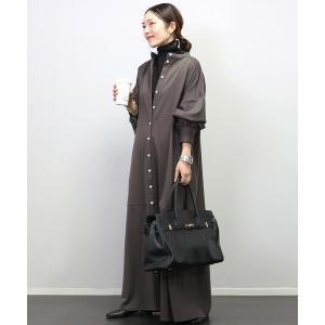 シャツワンピース エステルスパンバンドカラー前開きワンピース