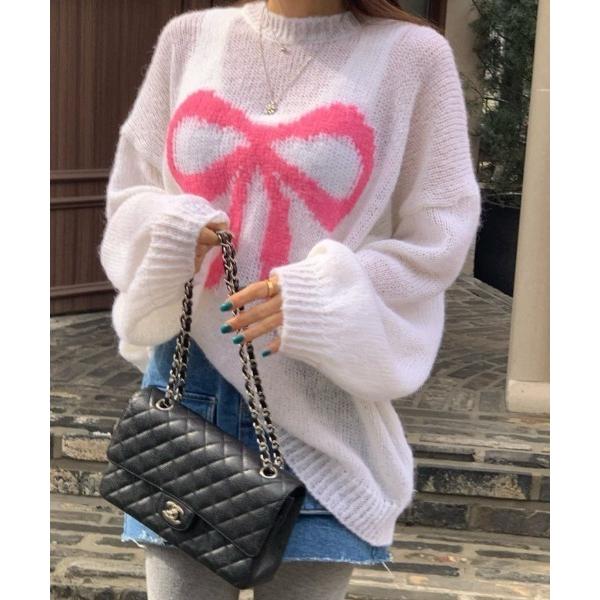 ニット セーター front ribbon thin sweater レディース