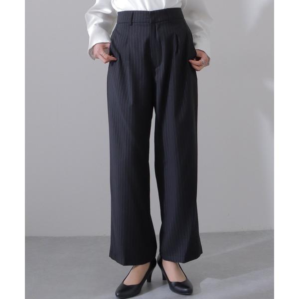 スラックス パンツ ピンストライプ柄 ハイウエスト セミワイド ストレート パンツ レディース