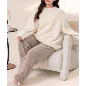パジャマ ルームウェア レディース 長袖淡色バイカラーふんわりボアルームウェア 上下2点セットアップ レディース