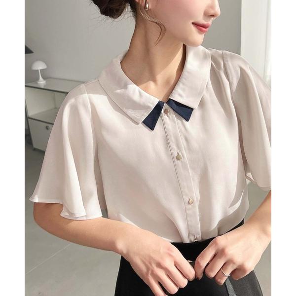 ブラウス シャツ シフォンジョーゼットフレアスリーブ配色ダブルカラー半袖ブラウス レディース