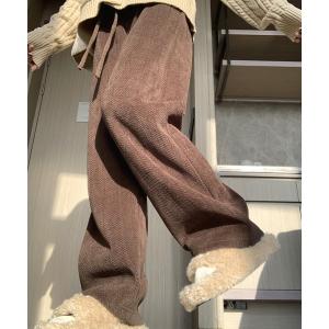 パンツ 「大きいサイズ有/裏起毛」冬もぽかぽか。ヘリンボーン柄コーデュロイワイドイージーパンツ レディース レディース