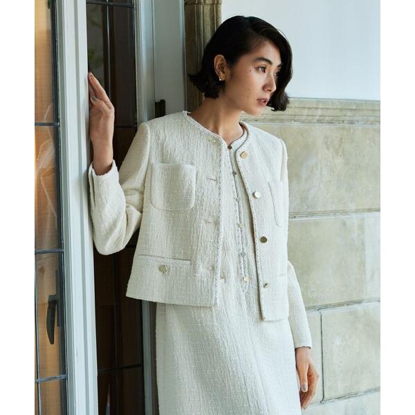 ジャケット ノーカラージャケット スラブコットンツイード Vクルーネックジャケット レディース