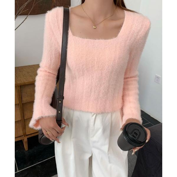 ニット セーター 着心地ふんわり柔らかいスクエアネックリブニット レディース