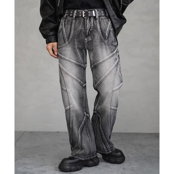 ジーンズ Vintage wash cut design wide denim pants / ビン...