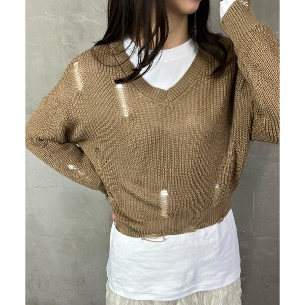 ニット セーター クラッシュダメージ Vネックニットプルオーバー レディース