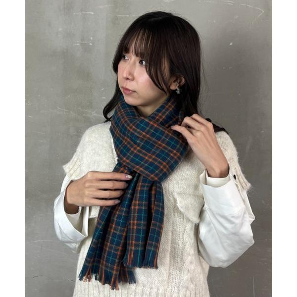 マフラー ストール オレンジ グリーン使い タータンチェック フリンジ マフラー レディース