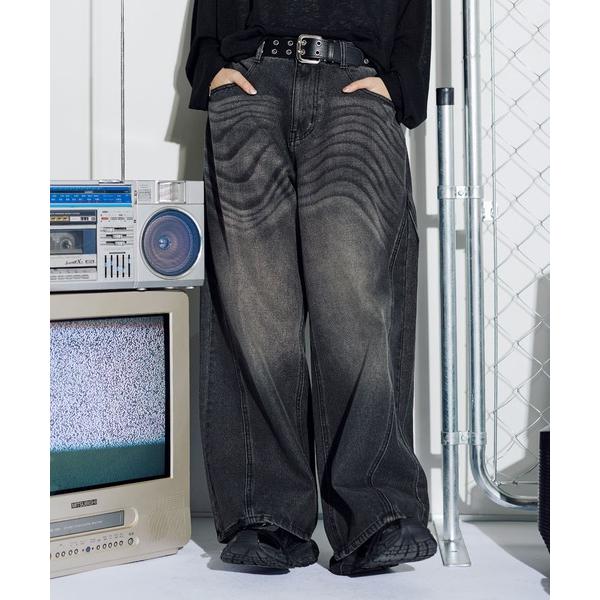 ジーンズ 12ozヴィンテージ加工バギーワイドアブストラクトウェーブデニム メンズ レディース
