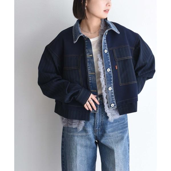 コート アウター デニムトリム ダンボール＆ストライプジャケット レディース