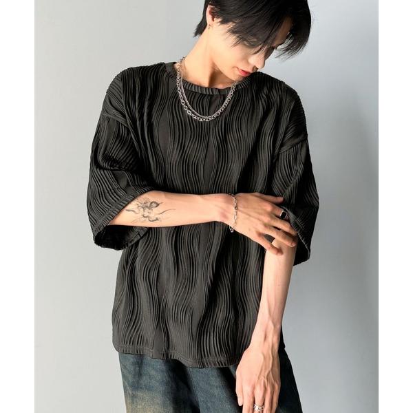 tシャツ 涼しくキマる、大人のリラックス。オーバーサイズウェーブ柄ジャガード半袖Ｔシャツ（メンズ） ...