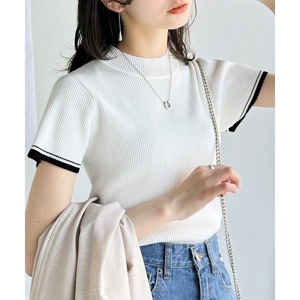 tシャツ 大人の洗練トップス。配色フレンチスリーブボトルネックリブニット レディース