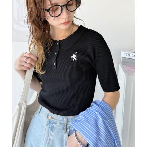 ポロシャツ ポロ 衿付きデザインが旬♪ワンポイント刺繍ゴールドボタン五分袖リブポロニットシャツ レディース｜ZOZOTOWN Yahoo!店