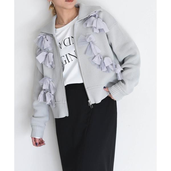 ブルゾン アウター ランダムリボンダブルZIPニットブルゾン レディース