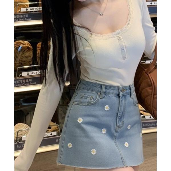 tシャツ カップ付きレースリブロンT レディース