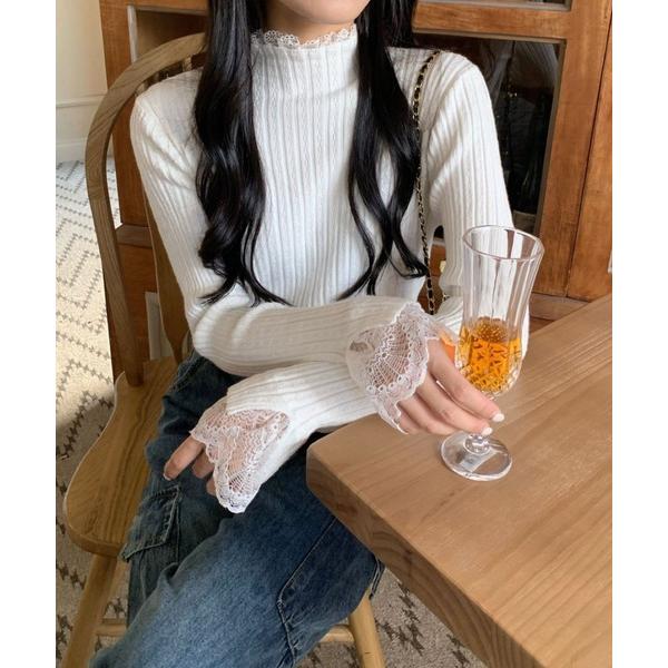 tシャツ レースフェイクレイヤード シンプルリブロンT レディース