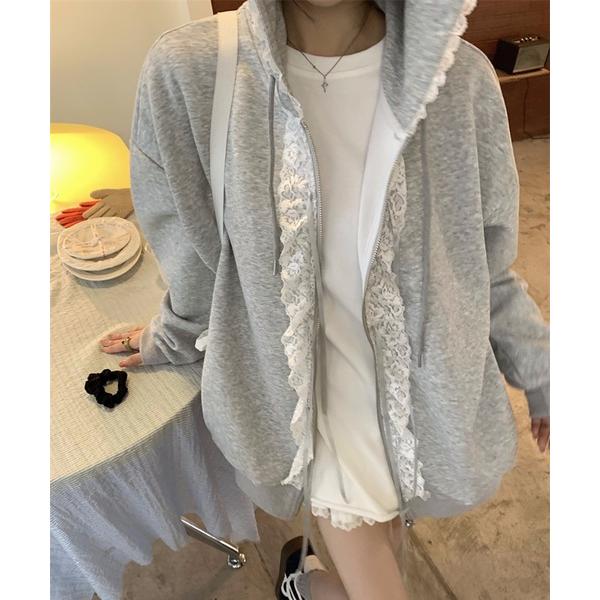 コート アウター レース付きガーリージップアップパーカー レディース