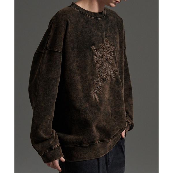 トレーナー スウェット 「cussil/クシル」ピグメントスノーウォッシュ加工フラワー刺繍スウェット...