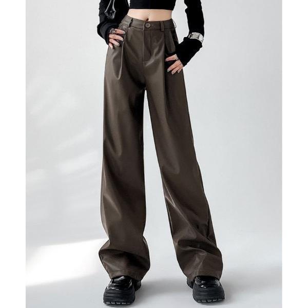 パンツ フェイクレザー ストレート ワイド レッグパンツ レディース