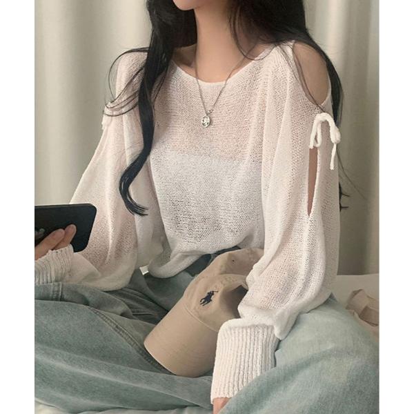ニット セーター リボン ドロップ ショルダー シースルー ニット レディース