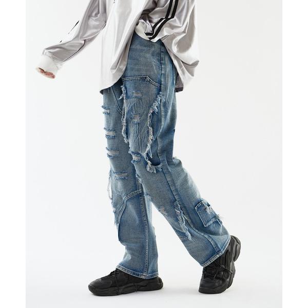ジーンズ damage denim pant/ランダムダメージ デニム パンツ ルーズシルエット メ...