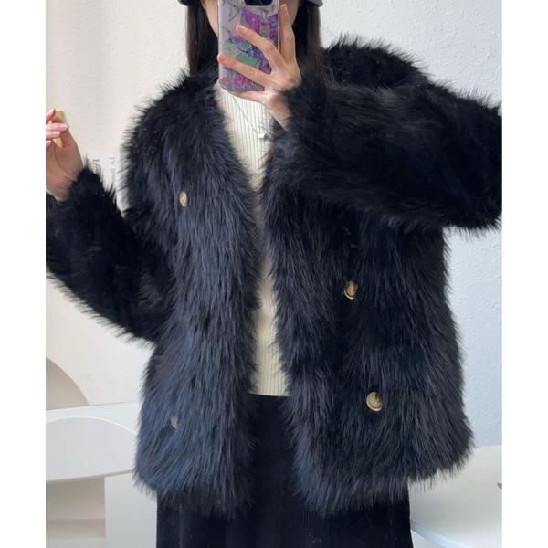 コート アウター ノーカラーファーコート レディース