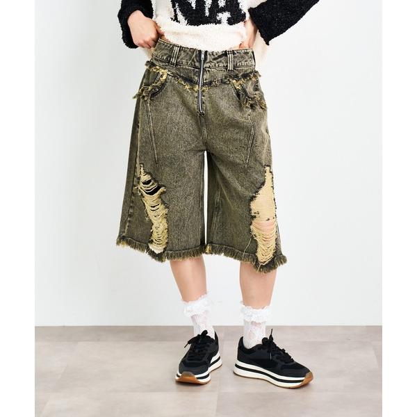 ジーンズ デニム デニムパンツ オーバーダメージデニムバミューダパンツ レディース