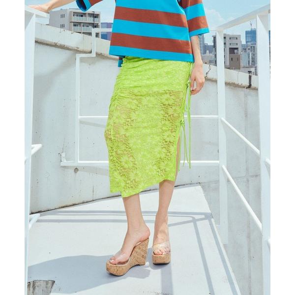 スカート リボンスリットストレッチレーススカート