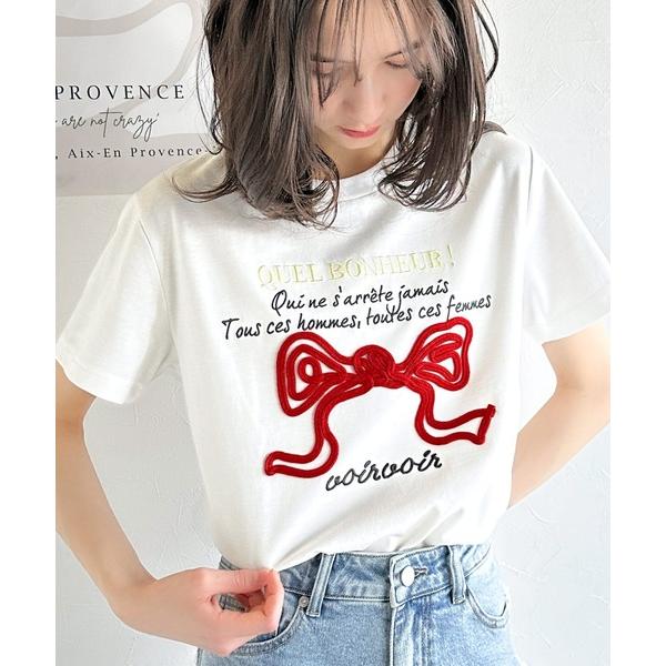 tシャツ 「mily bilet」華やか大人ガーリー。リボンコード刺繍プレートデザインTシャツ レデ...