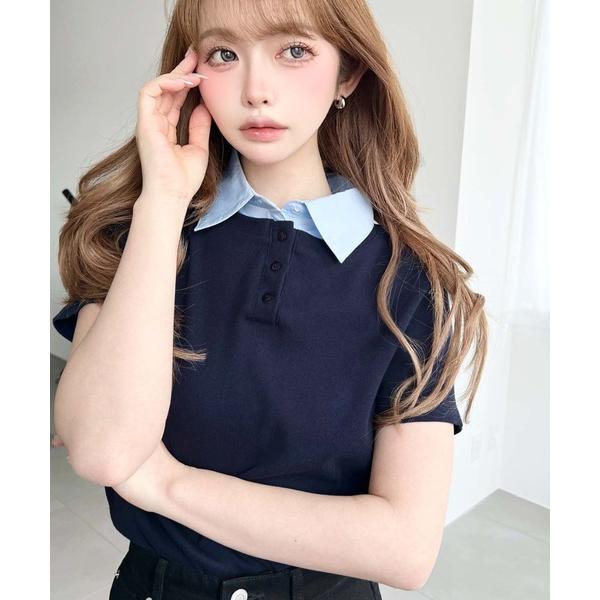 tシャツ バイカラーデザイン半袖レイヤードポロカットソー レディース
