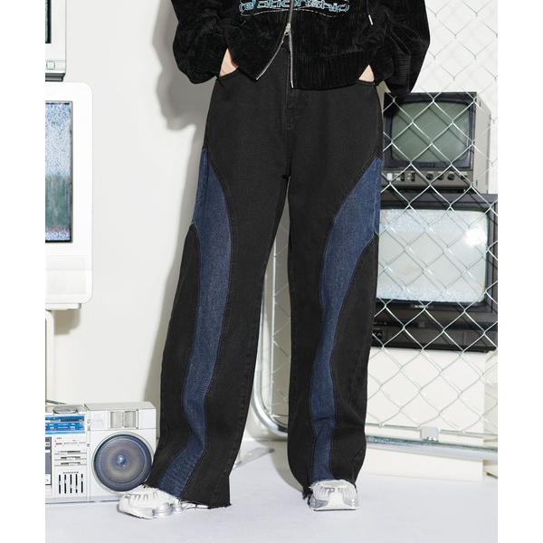 ジーンズ ラウンド切替オーバーダイデニムパンツ メンズ レディース