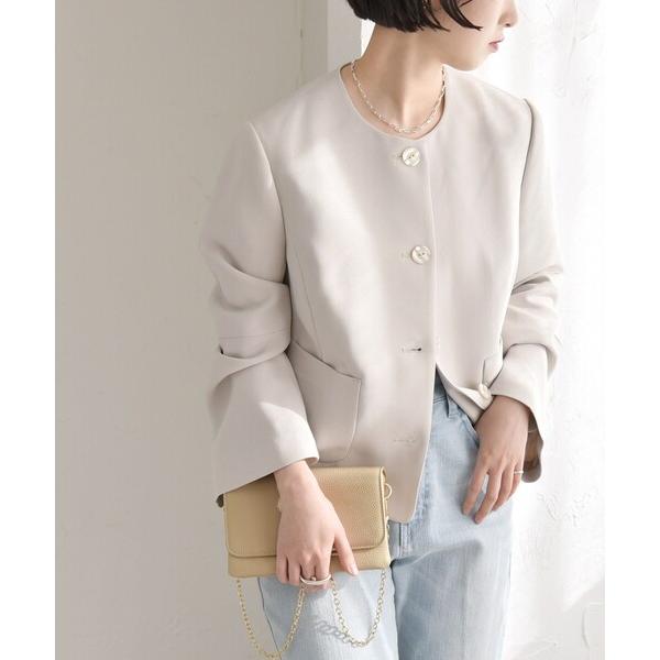 ジャケット ノーカラージャケット quaranciel:「洗濯機可能」ダブルクロス フレアスリーブ ...