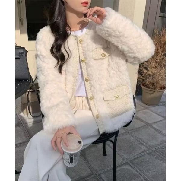 ジャケット ノーカラージャケット もこもこ ノーカラーフェイクファージャケット レディース