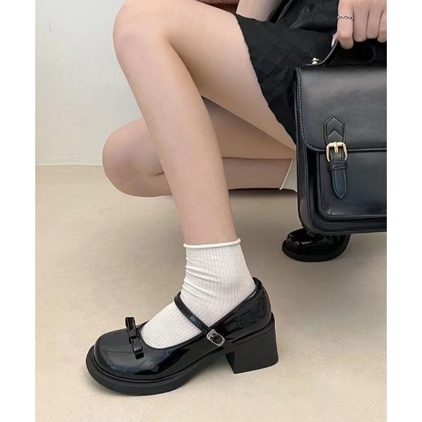 パンプス リボン付きストラップメリージェーン厚底ヒールパンプス
