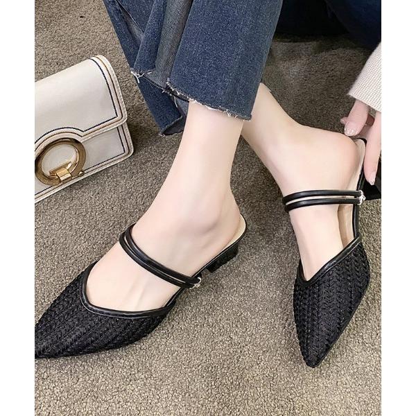 パンプス ポインテッドトゥレースミュールパンプス