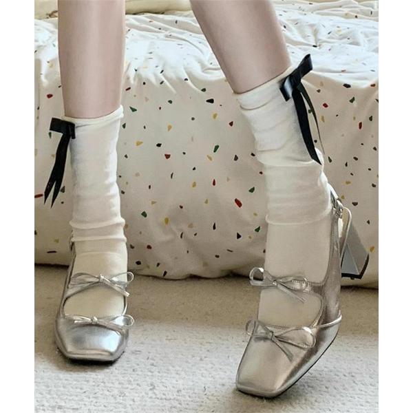 パンプス ダブルリボンバックストラップヒールパンプス