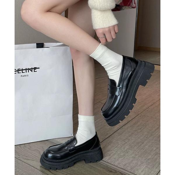 ローファー トラックソールプラットフォーム厚底シンプルローファー 身長盛れ レディース