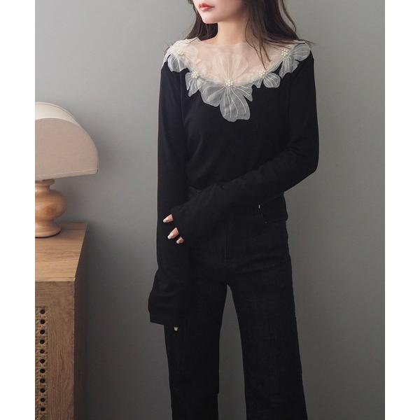 tシャツ sheer flower cut pullover /フラワーモチーフ シアー切り替え 長...