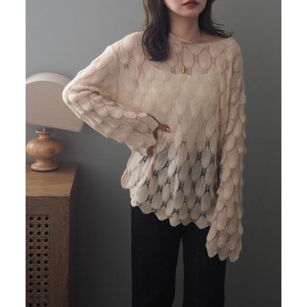 ニット セーター feather pattern sheer knit /透かし編み デザイン カシ...